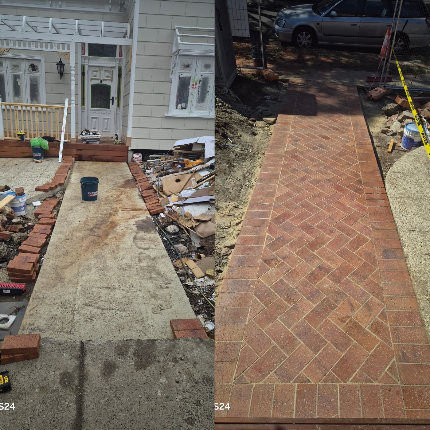 Before and after: cracked concrete front path replaced with a red brick herringbone path