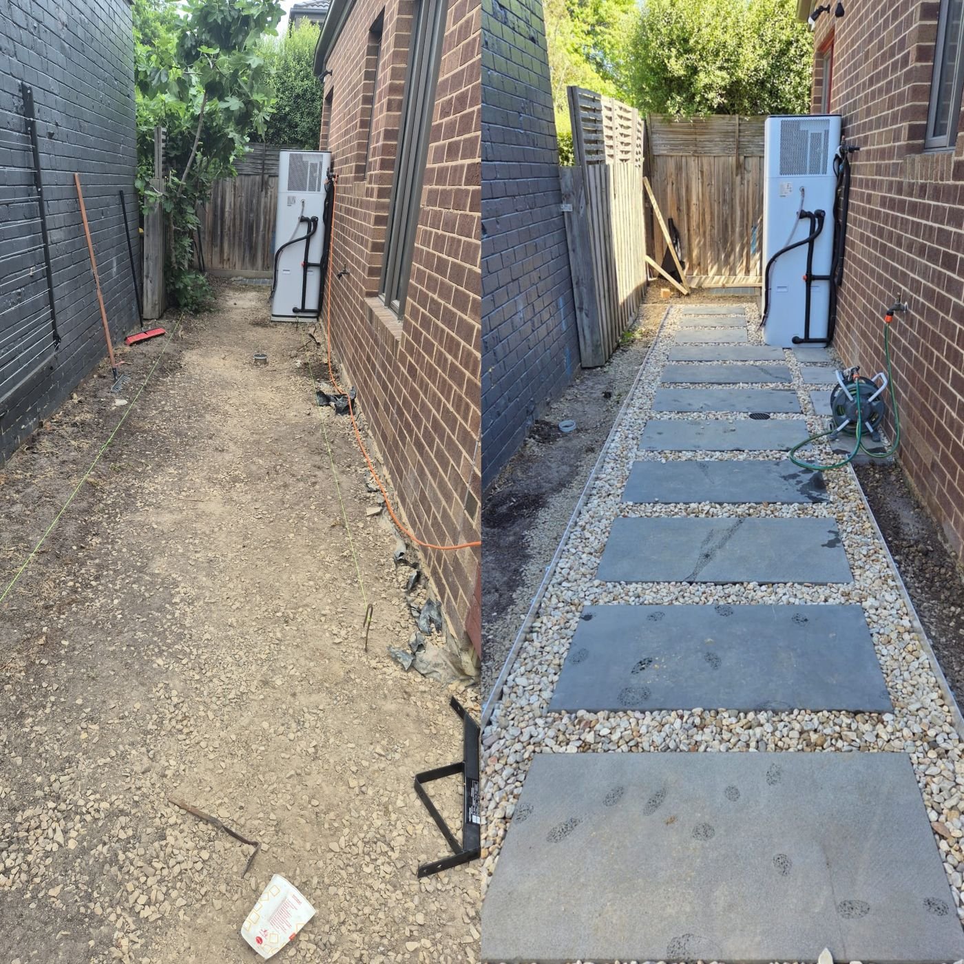 Before and after: muddy side passage turned into bluestone stepping stones set in white pebbles